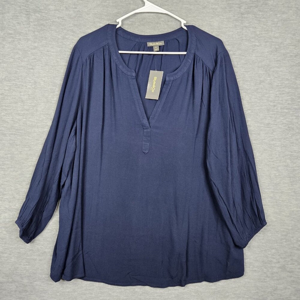 STYLE & Co. Industrial Blue V-neck Peasnt Women's Blouse Size 2X